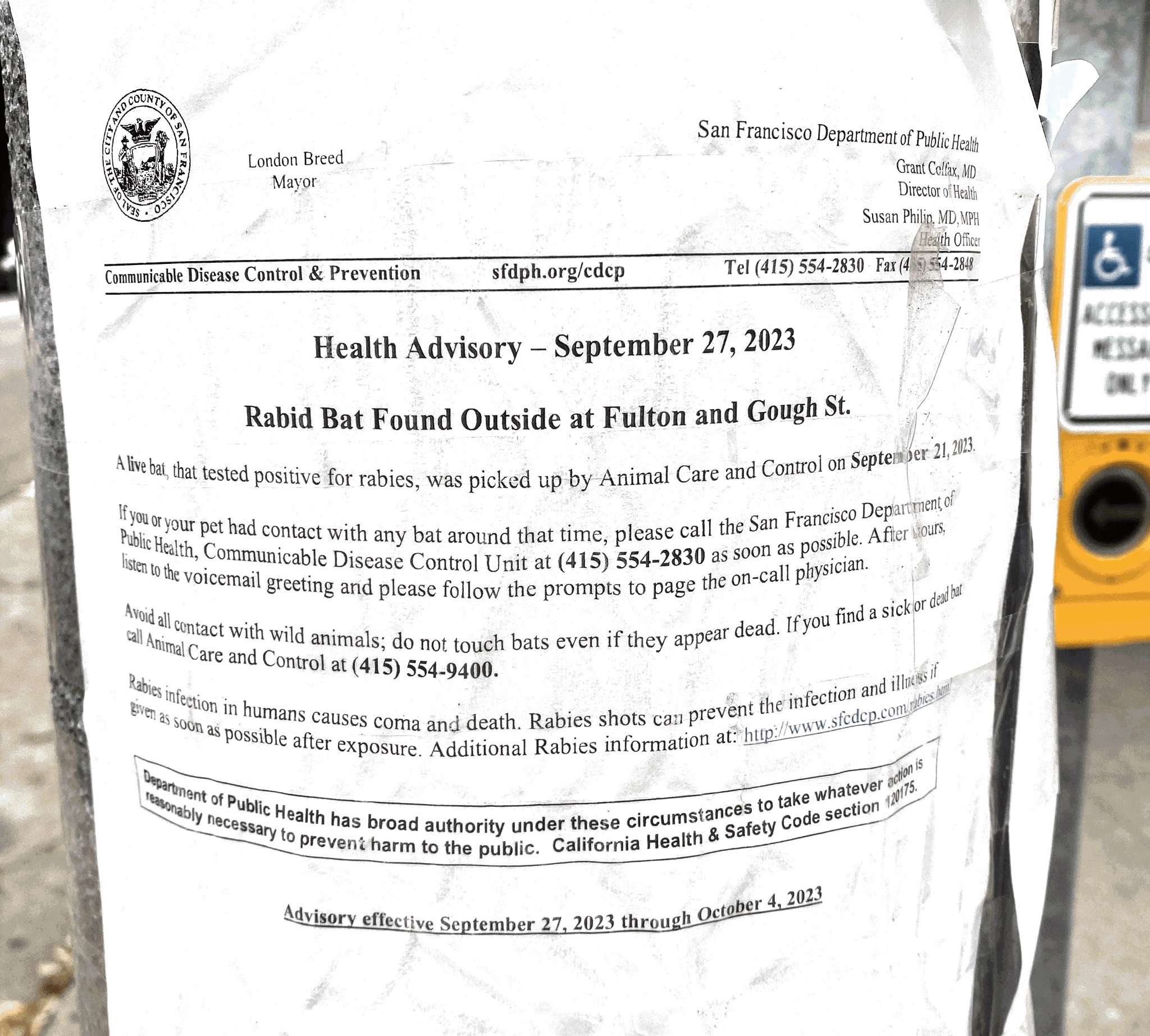 Rabid Bat Notice - Hayes Valley San Francisco